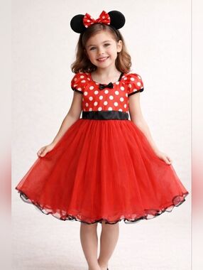 Disney Minnie Mouse Red Black Polka Dot Tulle Dress Bow Girls Size 140